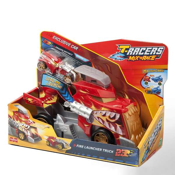 Magic Box Launcher Truck T-Racers Mix 'N Race avec camion et drapeaux (camion de pompier ou camion de glace) - Modèles assortis 10x16,8x22,5cm