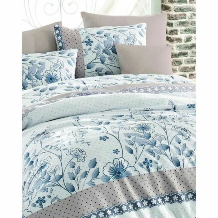 BigBuy Home Parure de couette 3 pièces Bleu, Blanc et Beige, 220 x 240 cm
