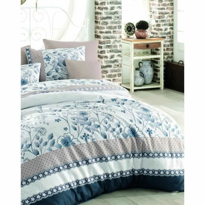 BigBuy Home Parure de couette 3 pièces Bleu, Blanc et Beige, 220 x 240 cm