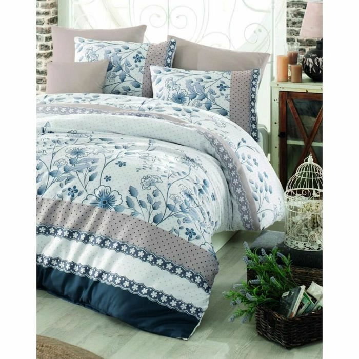 BigBuy Home Parure de couette 3 pièces Bleu, Blanc et Beige, 220 x 240 cm