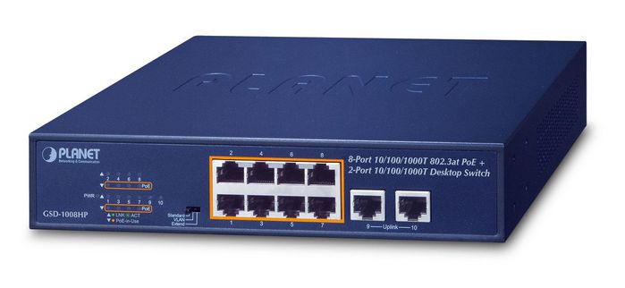 Planet GSD-1008HP Switch Gigabit Desktop 8 Ports PoE+ (802.3at) 120W + 2 Ports Uplink 10/100/1000T, Mode Extend 250m, VLAN Planet GSD-1008HP Switch Gigabit Desktop 8 Ports PoE+ (802.3at) 120W + 2 Ports Uplink 10/100/1000T, Mode Extend 250m, VLAN