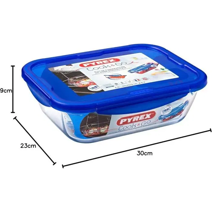 Pyrex Cook & Go 1451028 - Plat rectangulaire en verre borosilicate 3.3L avec couvercle hermétique - Pour congélation, four et rangement - 30 x 23 cm