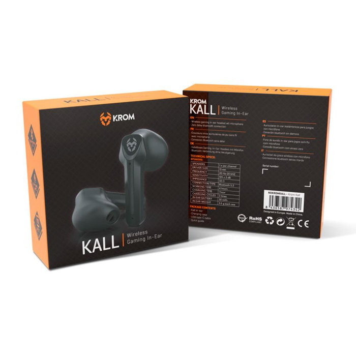 Krom Kall Casque Gaming Bluetooth 5.3 In-Ear Sans Fil Noir - Faible Latence, Autonomie 4h