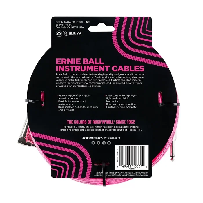 ERNIEBALL Câble d'instrument tressé Jack-Jack mâle 5,49 m - Néon / Rose