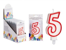 Arte Regal Vela Bougie Anniversaire Numéro 5 Blanche Bord Rouge 4.2 x 8.2 x 1 cm (Set de 72)
