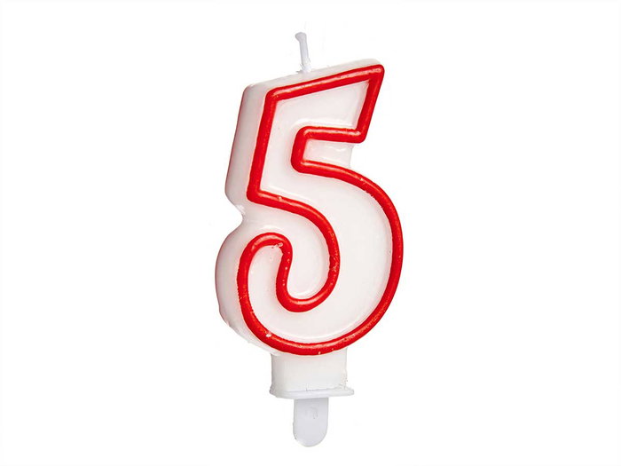 Arte Regal Vela Bougie Anniversaire Numéro 5 Blanche Bord Rouge 4.2 x 8.2 x 1 cm (Set de 72)