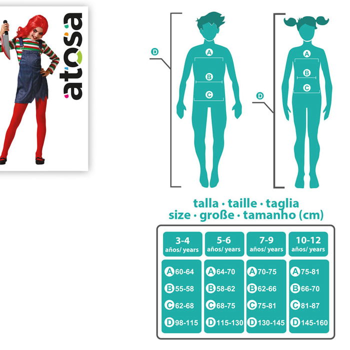 Déguisement Enfant Poupée Possédée Avec Salopette et T-shirt Rayé, Taille 7-9 Ans, Gris, Halloween