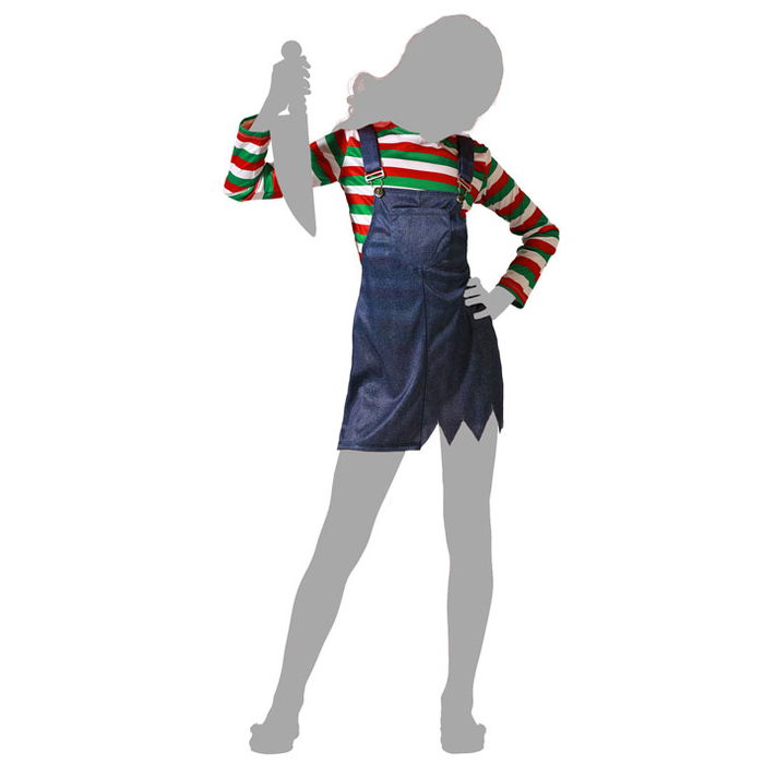 Déguisement Enfant Poupée Possédée Avec Salopette et T-shirt Rayé, Taille 7-9 Ans, Gris, Halloween