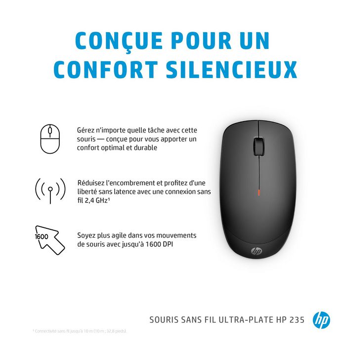 HP 235 Souris sans fil ultra-plate - Connexion 2.4 GHz stable, silence, confort, 1600 DPI et batteries longue durée pour une productivité optimale HP 235 Souris sans fil ultra-plate - Connexion 2.4 GHz stable, silence, confort, 1600 DPI et batteries longue durée pour une productivité optimale
