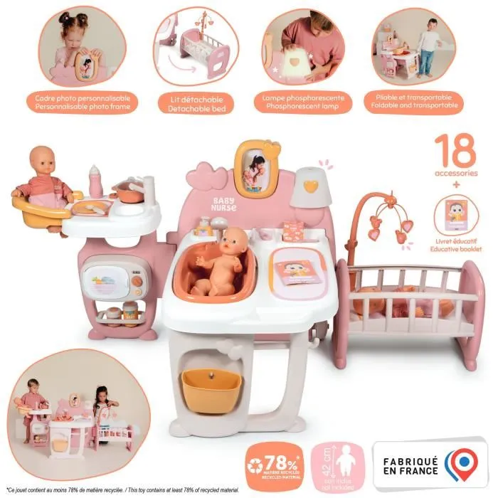 Smoby - Baby Nurse - Grande Maison de Poupée Plébiscitée - 3 Pièces et 19 Accessoires pour S'Occuper du Bébé - Jeu d'Imitation pour Enfants Dès 3 Ans