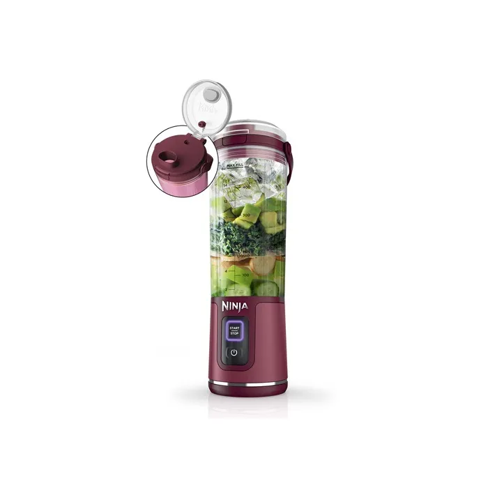 Ninja BC151EUCR Blender portable sans fil Ninja Blast - Bol 530 ml - Mixe glaçons - Autonomie 2h - Recharge USB-C - Sans BPA - Coque protectrice - Cranberry