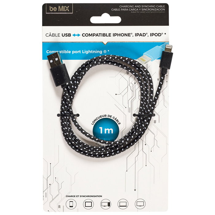 Be Mix Câble de charge et synchronisation USB pour iPhone et iPad, Lightning, 1 m Be Mix Câble de charge et synchronisation USB pour iPhone et iPad, Lightning, 1 m
