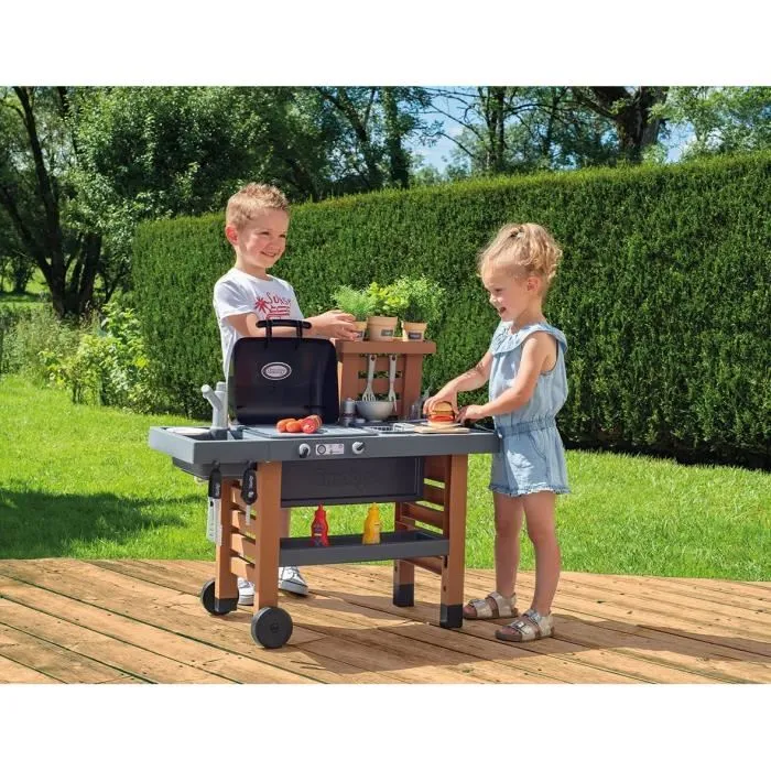 Smoby - Cuisine d'été pour enfants avec plancha, grill et 40 accessoires - Cuisine d'extérieur évolutive en plastique résine - Jeu d'imitation à partir de 3 ans
