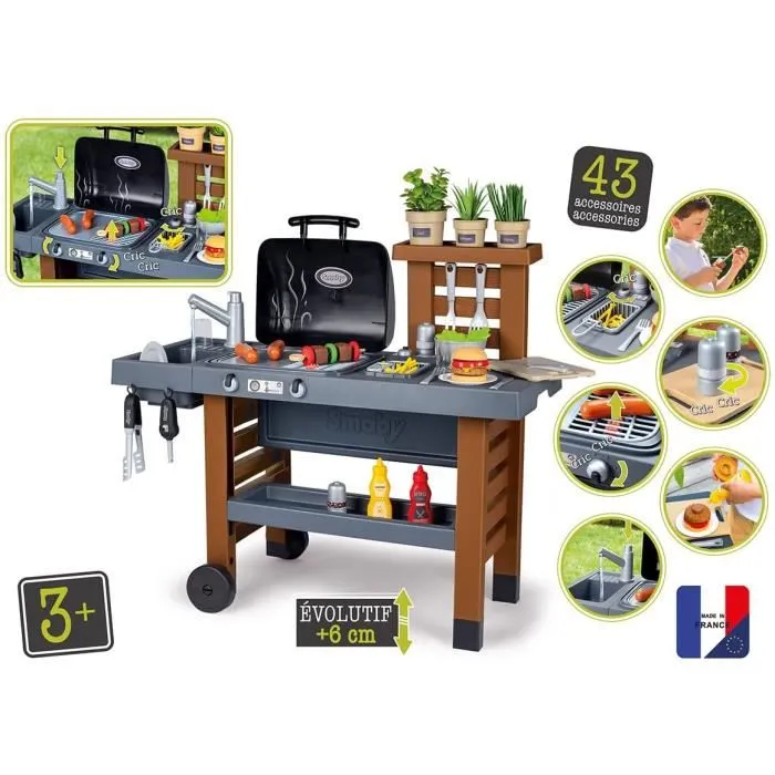 Smoby - Cuisine d'été pour enfants avec plancha, grill et 40 accessoires - Cuisine d'extérieur évolutive en plastique résine - Jeu d'imitation à partir de 3 ans