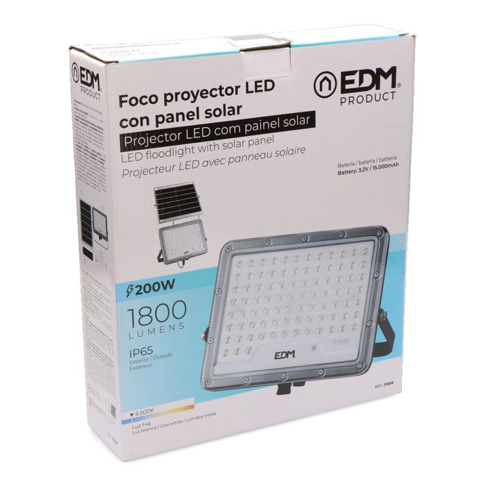 Edm Projecteur LED Solaire 200W 1800lm 6500K Lumière Froide IP65 avec Panneau Solaire et Télécommande