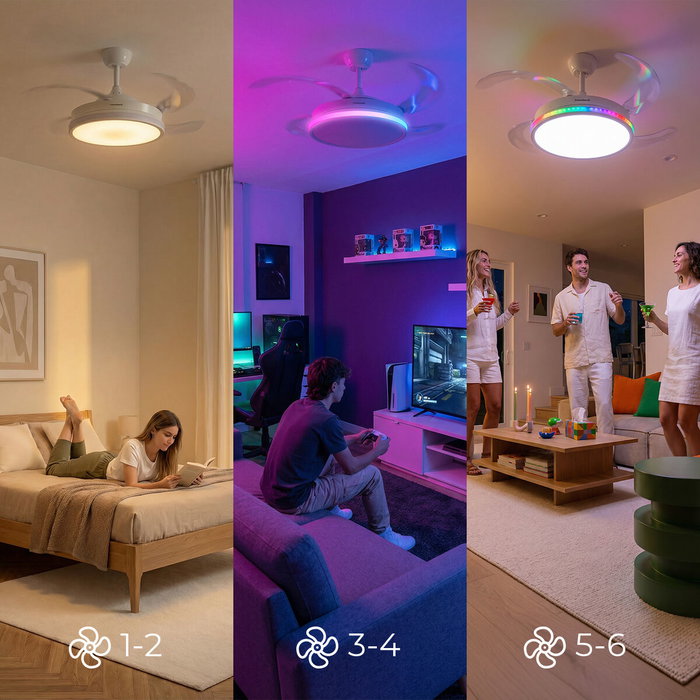 Ventilateur de plafond avec lumière LED RGB, 4 pales rétractables et télécommande InnovaGoods
