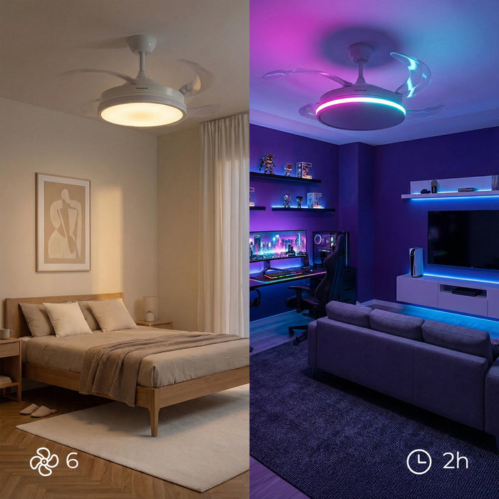Ventilateur de plafond avec lumière LED RGB, 4 pales rétractables et télécommande InnovaGoods