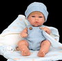 Muñecas Arias Poupée Elegance 30 cm, poupon fille bleu avec porte-bébé, corps en vinyle, langage espagnol