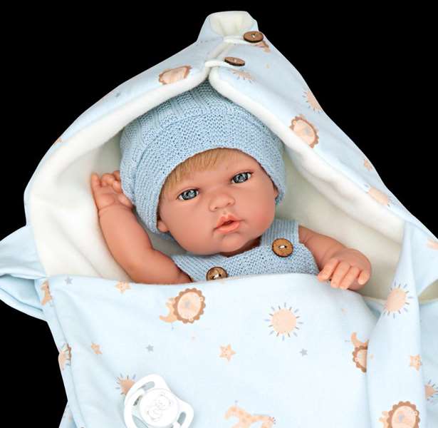 Muñecas Arias Poupée Elegance 30 cm, poupon fille bleu avec porte-bébé, corps en vinyle, langage espagnol