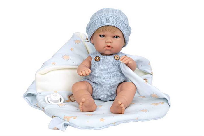 Muñecas Arias Poupée Elegance 30 cm, poupon fille bleu avec porte-bébé, corps en vinyle, langage espagnol