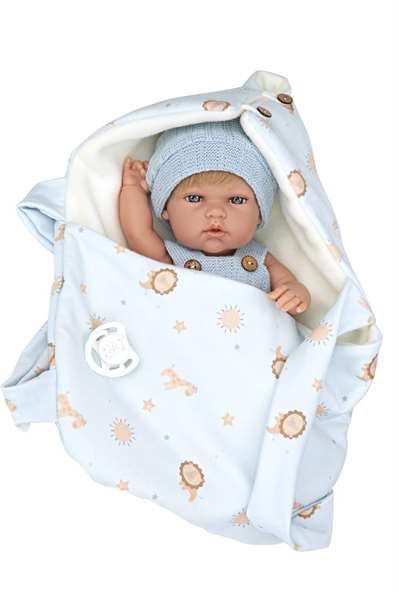 Muñecas Arias Poupée Elegance 30 cm, poupon fille bleu avec porte-bébé, corps en vinyle, langage espagnol