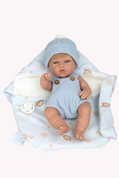 Muñecas Arias Poupée Elegance 30 cm, poupon fille bleu avec porte-bébé, corps en vinyle, langage espagnol