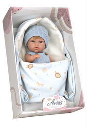 Muñecas Arias Poupée Elegance 30 cm, poupon fille bleu avec porte-bébé, corps en vinyle, langage espagnol