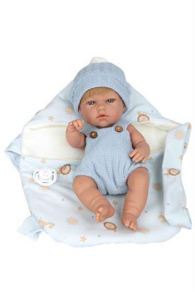 Muñecas Arias Poupée Elegance 30 cm, poupon fille bleu avec porte-bébé, corps en vinyle, langage espagnol