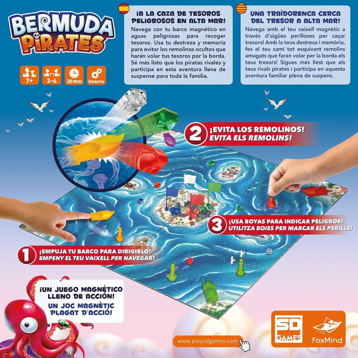 SD GAMES - Bermuda Piratas - Jeu de plateau familial en espagnol pour 2 à 4 joueurs, à partir de 7 ans, avec mécanisme magnétique
