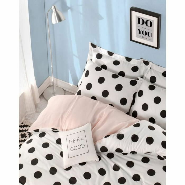 BigBuy Home Parure de couette King size Blanc, Noir et Saumon à pois, 3 pièces