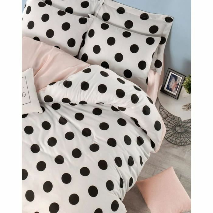 BigBuy Home Parure de couette King size Blanc, Noir et Saumon à pois, 3 pièces