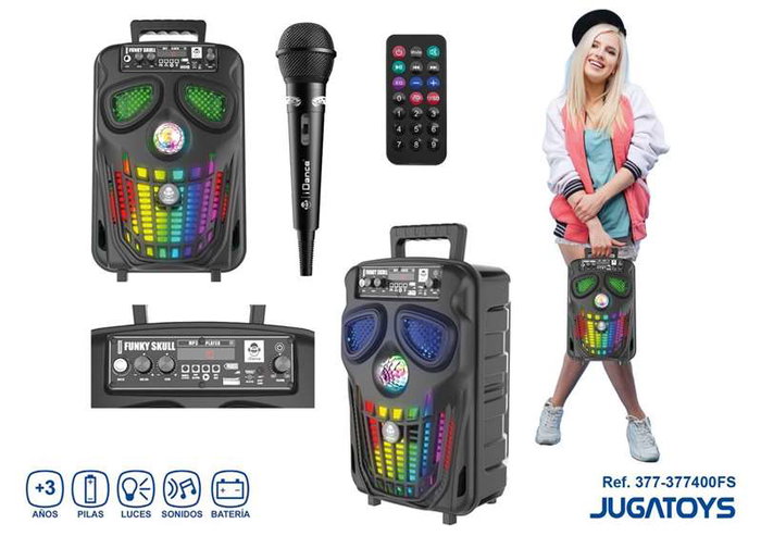 iDance Altavoz Calavera Funky - Enceinte portable Bluetooth avec microphone et télécommande, design crâne, éclairage LED, recharge USB, noir
