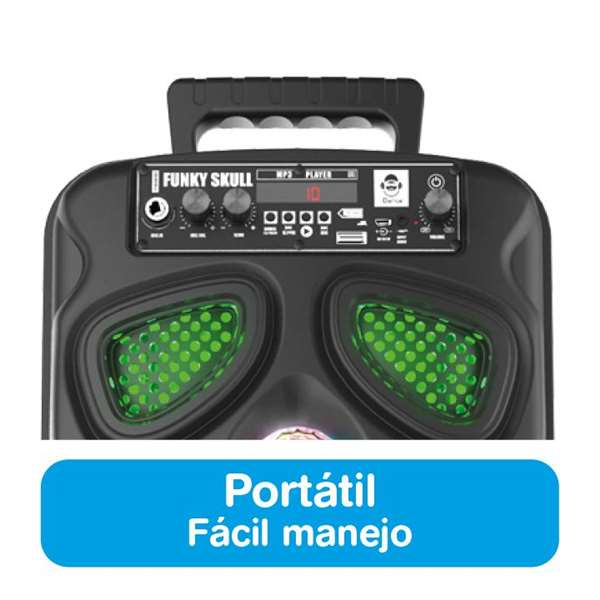 iDance Altavoz Calavera Funky - Enceinte portable Bluetooth avec microphone et télécommande, design crâne, éclairage LED, recharge USB, noir