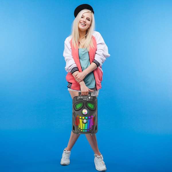 iDance Altavoz Calavera Funky - Enceinte portable Bluetooth avec microphone et télécommande, design crâne, éclairage LED, recharge USB, noir