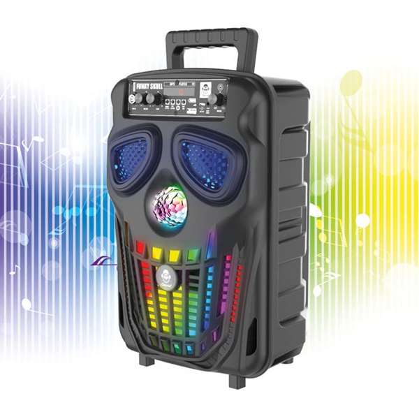 iDance Altavoz Calavera Funky - Enceinte portable Bluetooth avec microphone et télécommande, design crâne, éclairage LED, recharge USB, noir