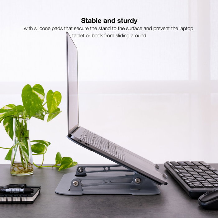 Tooq Support Réglable pour Ordinateur Portable et Tablette, Aluminium Gris, Ergonomic à Hauteur et Inclinaison Ajustables, Compatible 11 à 17.3 Pouces