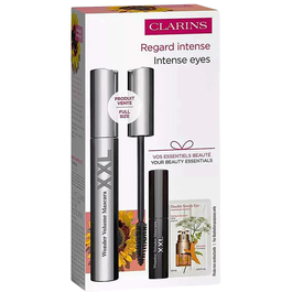 Clarins Set Maquillage - Mascara Volumateur Wonder Volume Noir 8 ml + Miniature 3 ml + Sérum Anti-Âge Double Visage 0.9 ml - Échantillons