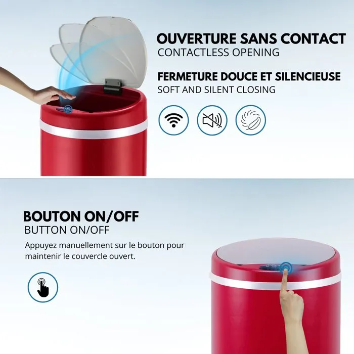 KITCHEN MOVE Poubelle Automatique à Ouverture Infrarouge Sans Contact 42 Litres - Corps Acier Inox Rouge Mat - Recharge USB-C et Piles - Avec Cerclage et Protection