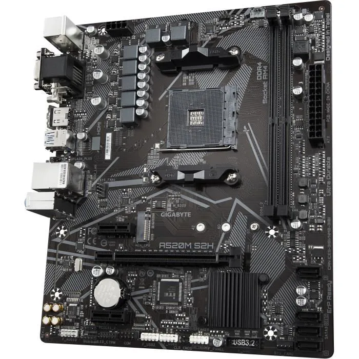 Gigabyte Carte mère Micro ATX A520M S2H Socket AM4 - DDR4 jusqu'à 5100 MHz, USB 3.2, M.2, LAN GbE