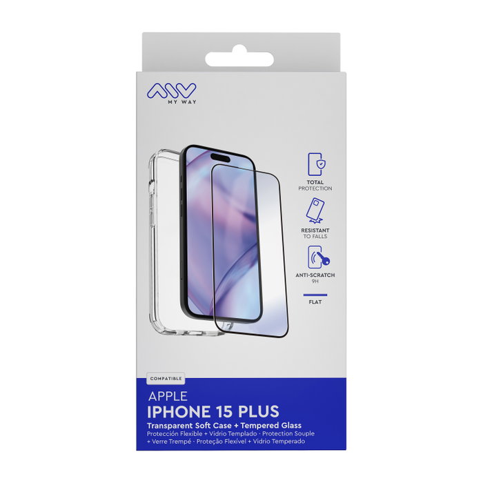Myway Pack Carcasse et Verre Trempé pour Apple iPhone 15 Plus - Coque TPU Transparente + Protection d'Écran 9H Cristal Soft Myway Pack Carcasse et Verre Trempé pour Apple iPhone 15 Plus - Coque TPU Transparente + Protection d'Écran 9H Cristal Soft