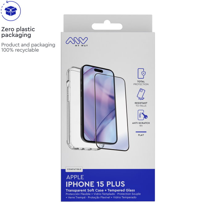 Myway Pack Carcasse et Verre Trempé pour Apple iPhone 15 Plus - Coque TPU Transparente + Protection d'Écran 9H Cristal Soft Myway Pack Carcasse et Verre Trempé pour Apple iPhone 15 Plus - Coque TPU Transparente + Protection d'Écran 9H Cristal Soft