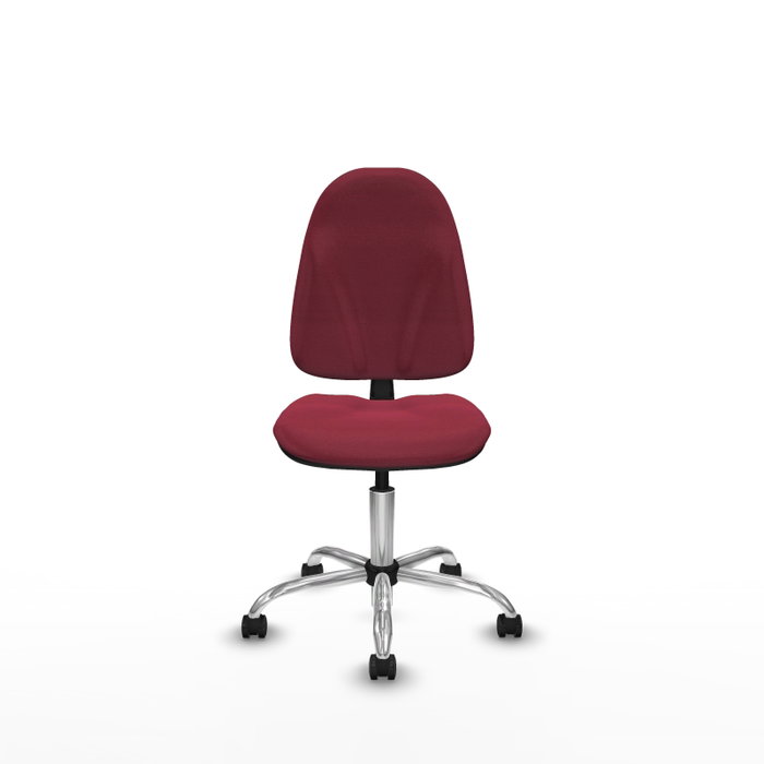 Chaise de bureau Algarra avec mécanisme de contact permanent de base, recouverte de tissu couleur grenat. Équipée d'une base chromée, sans accoudoirs et de roulettes autobloquantes. Chaise de bureau Algarra avec mécanisme de contact permanent de base, recouverte de tissu couleur grenat. Équipée d'une base chromée, sans accoudoirs et de roulettes autobloquantes.