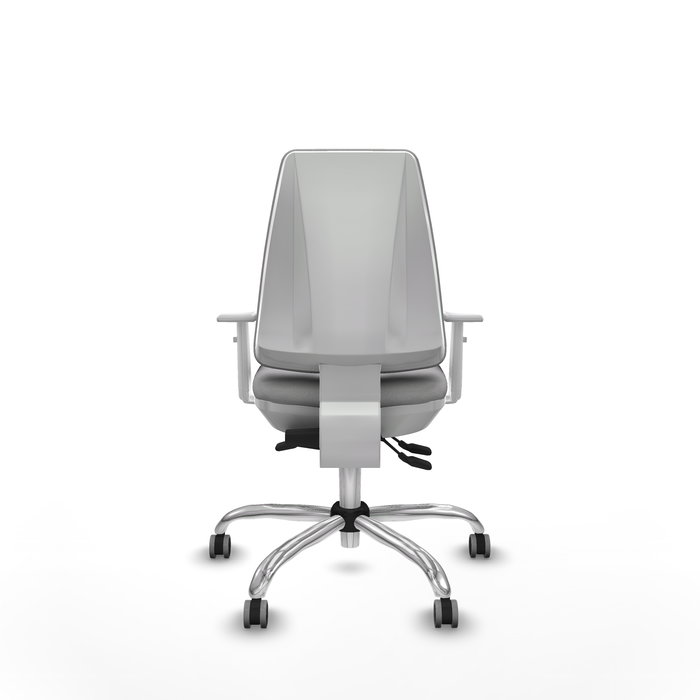 Chaise Elche Asynchrone Tissu Gris clair Structure chromée Accoudoirs blancs Sans appui-tête Roulettes 65mm pour moquette