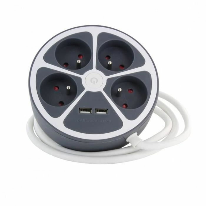 Chacon Multiprise de bureau ronde grise, 4 prises 16A + 2 USB, 1,5 m