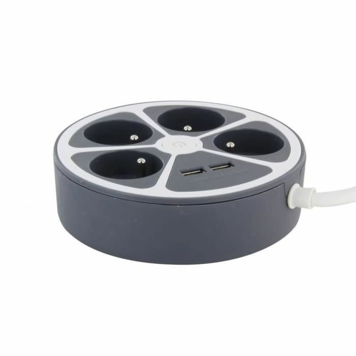 Chacon Multiprise de bureau ronde grise, 4 prises 16A + 2 USB, 1,5 m