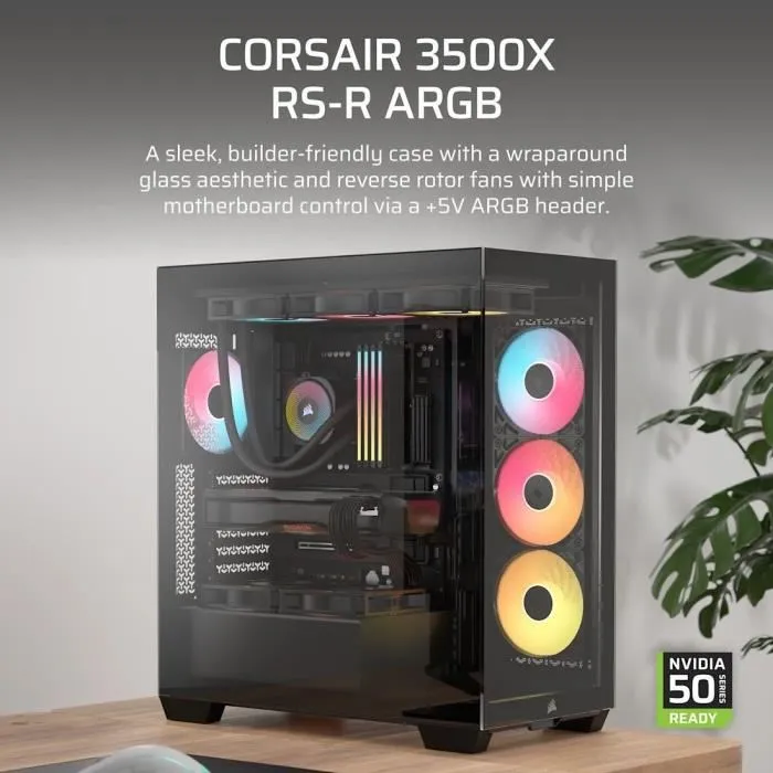 Corsair Boîtier PC 3500X RSR ARGB, Moyen-Tour en Verre Trempé, 3 Ventilateurs ARGB à Rotor Inversé, Noir