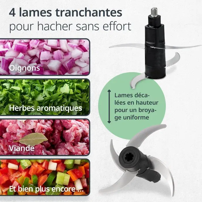 ADE - Hachoir électrique multifonction 500W, 2 vitesses, bol verre 1.2L, 4 lames inox, pour hacher, mixer et trancher ADE - Hachoir électrique multifonction 500W, 2 vitesses, bol verre 1.2L, 4 lames inox, pour hacher, mixer et trancher