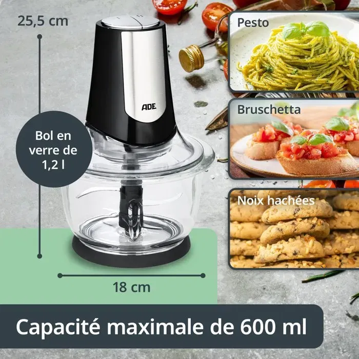 ADE - Hachoir électrique multifonction 500W, 2 vitesses, bol verre 1.2L, 4 lames inox, pour hacher, mixer et trancher ADE - Hachoir électrique multifonction 500W, 2 vitesses, bol verre 1.2L, 4 lames inox, pour hacher, mixer et trancher
