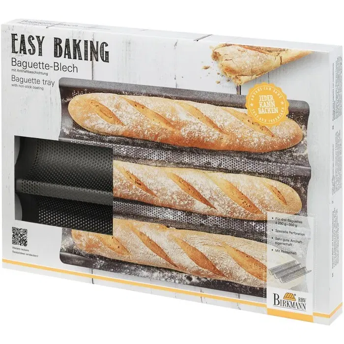 Birkmann Easy Baking - Plaque de cuisson perforée en acier carbone antiadhésif, pour 3 baguettes, 39.5 x 29.5 x 4.5 cm