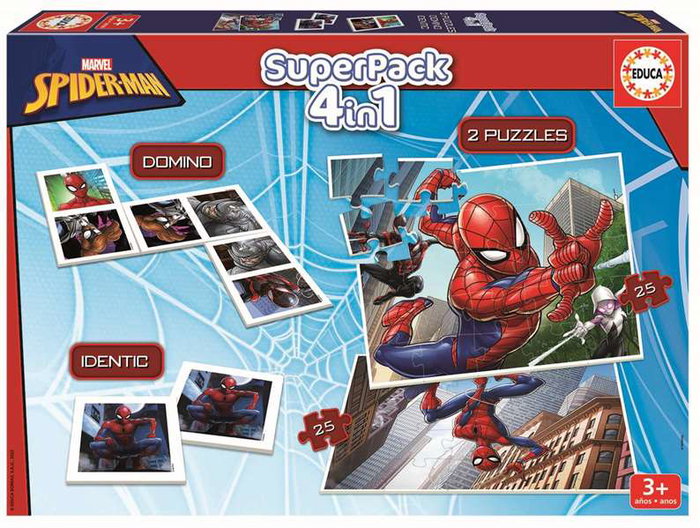 Educa - Superpack 4 en 1 Spider-Man avec domino, memory et 2 puzzles - Produit en espagnol/anglais